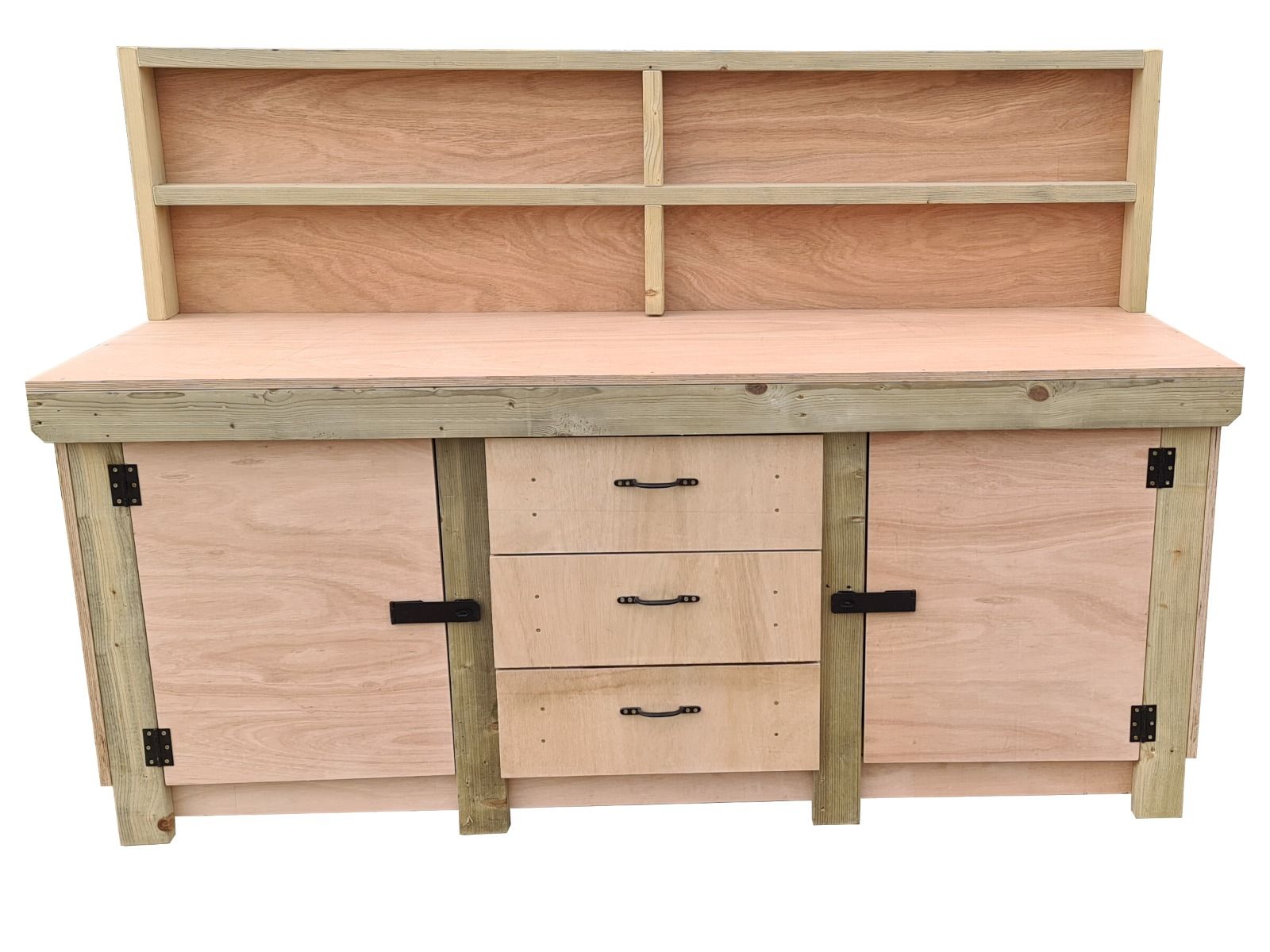 Eucalyptus top workbench with drawers and double lockable cupboard (V.8) with back panel & double shelf