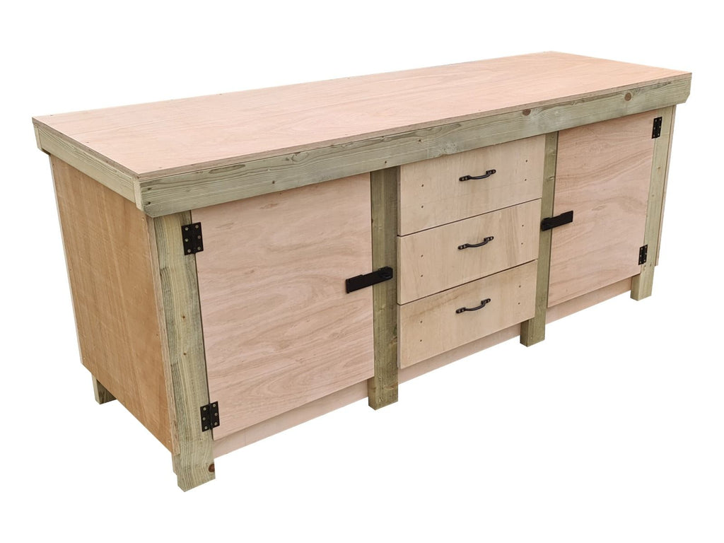 Eucalyptus top workbench with drawers and double lockable cupboard (V.8) with double shelf