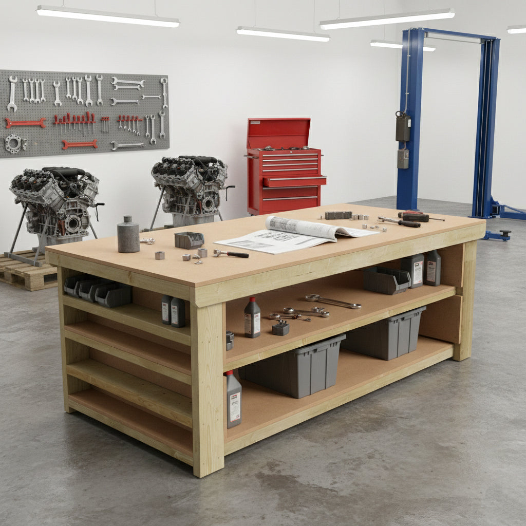 Wooden Workbench MDF Top with Extra shelving Depth-3ft With Double Shelf