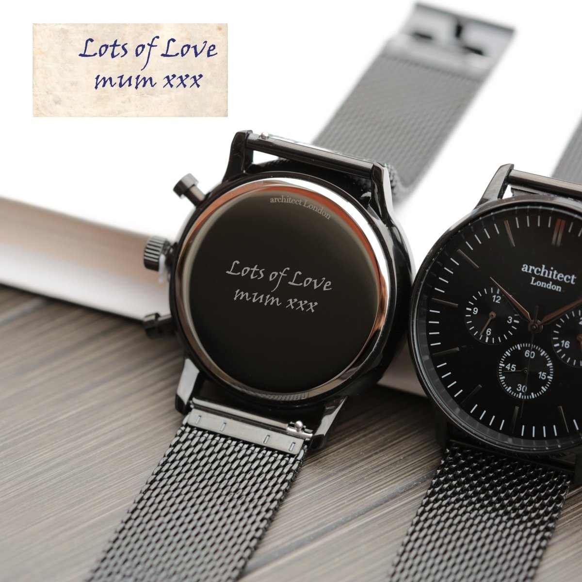 Handwriting Engraving - Men's Architect Motivator Black Face Black Mesh Strap