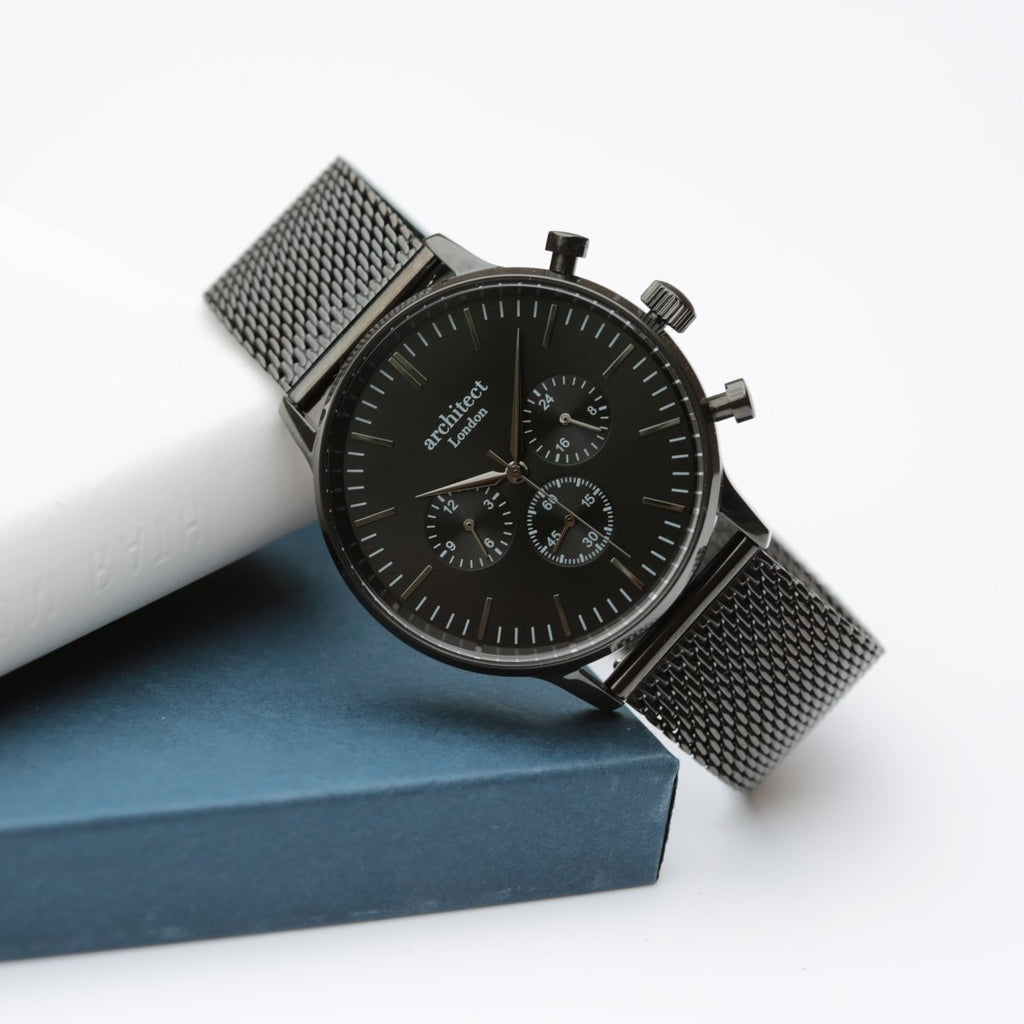 Handwriting Engraving - Men's Architect Motivator Black Face Black Mesh Strap