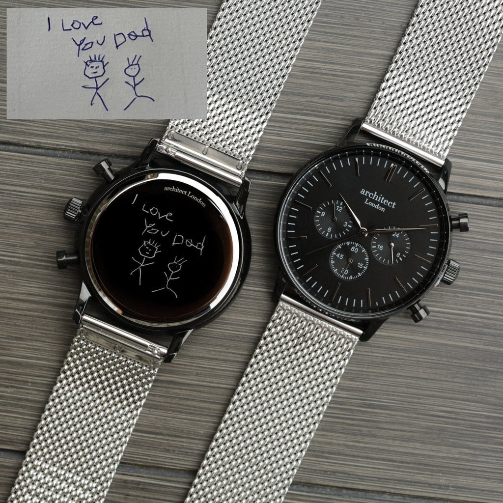 Handwriting Engraving - Men's Architect Motivator Black Face With Silver Strap
