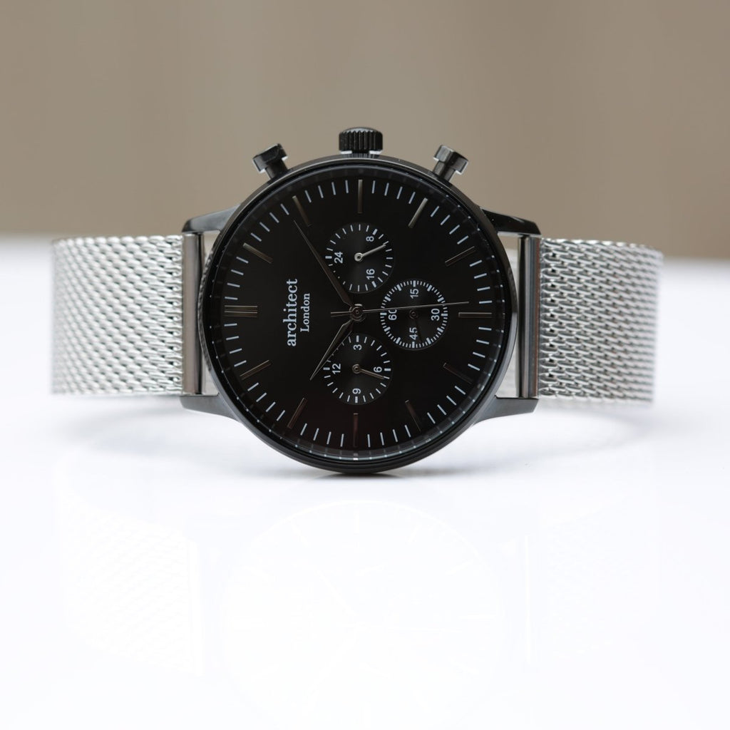 Handwriting Engraving - Men's Architect Motivator Black Face With Silver Strap