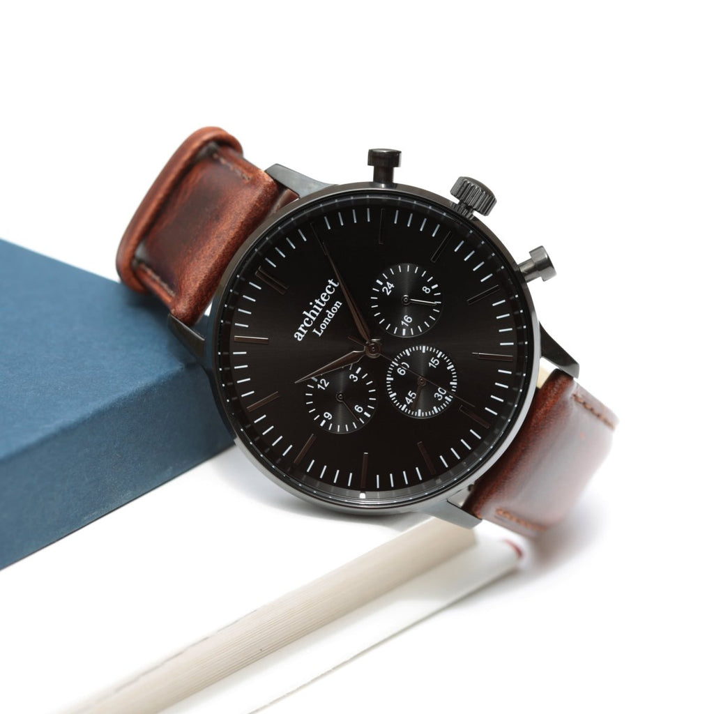 Handwriting Engraving - Men's Architect Motivator Black With Walnut Strap