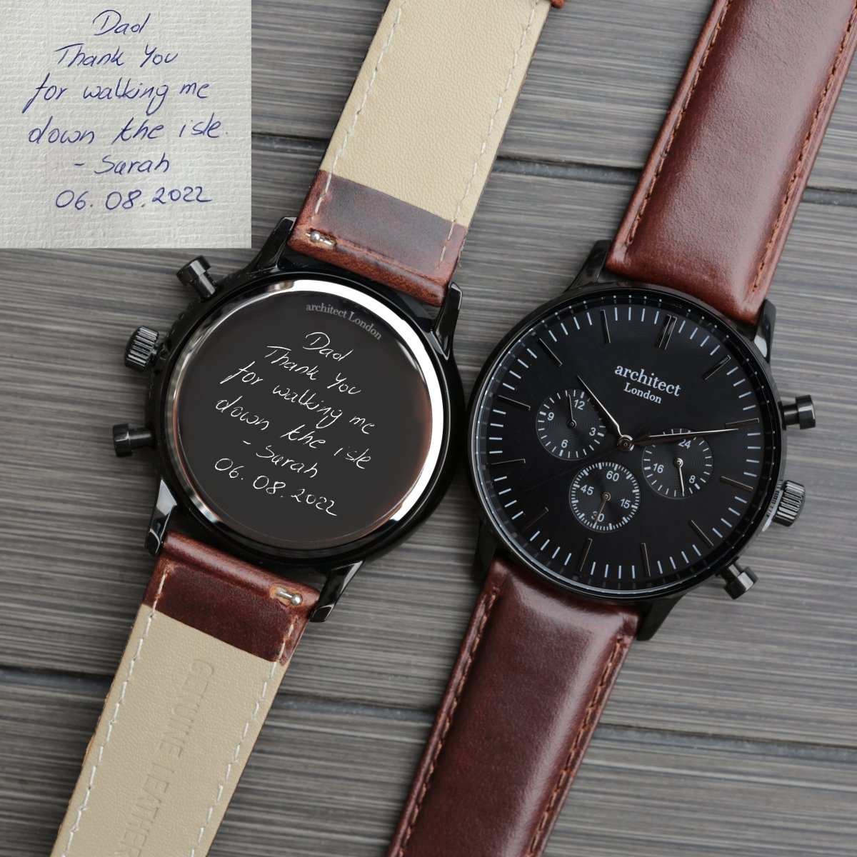 Handwriting Engraving - Men's Architect Motivator Black With Walnut Strap