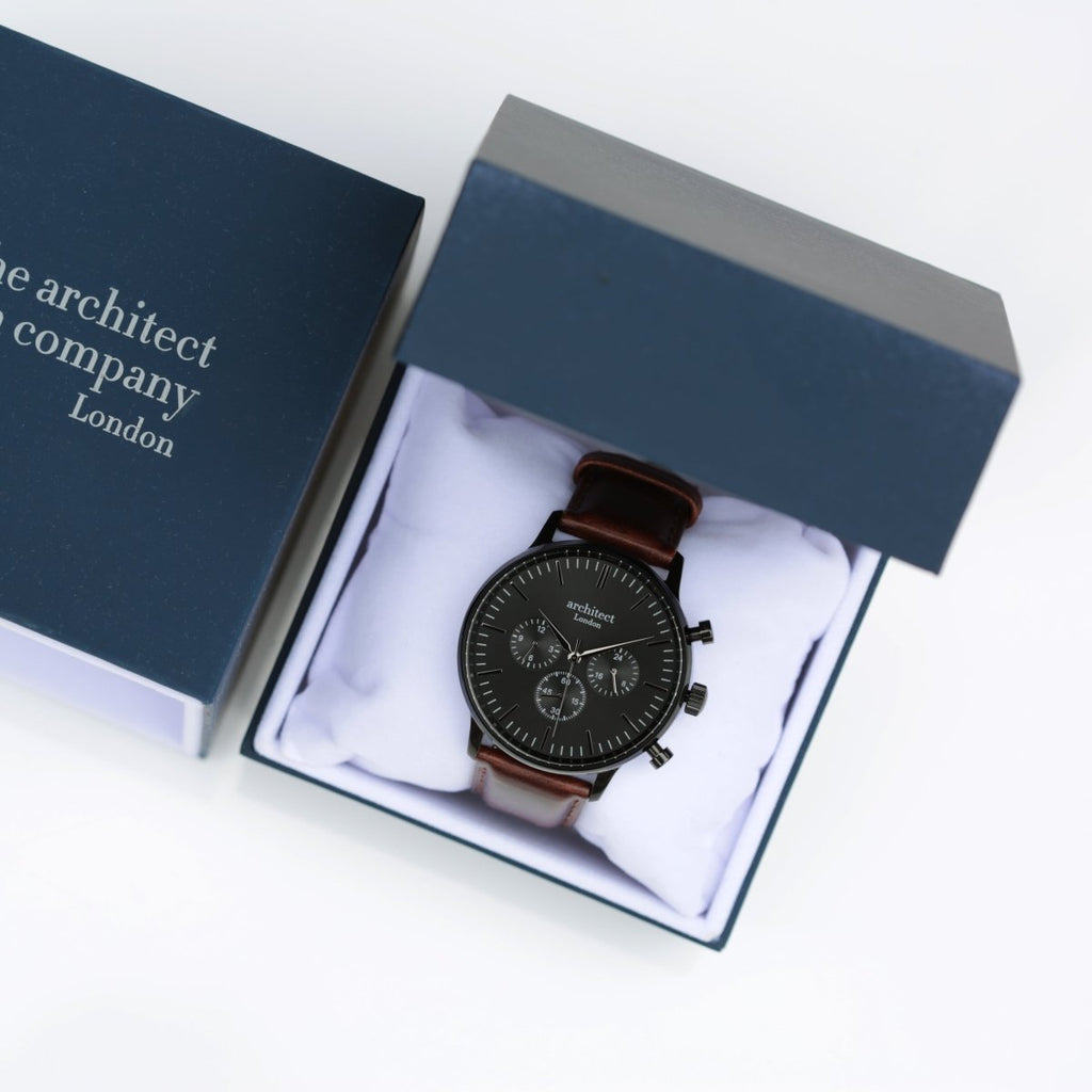 Handwriting Engraving - Men's Architect Motivator Black With Walnut Strap