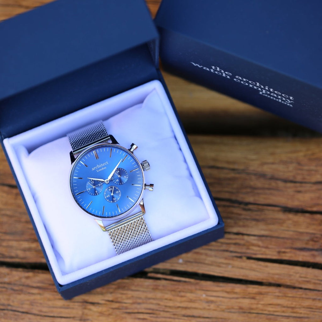 Handwriting Engraving - Men's Architect Motivator Blue Face Silver Strap