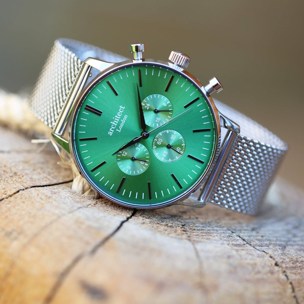 Handwriting Engraving - Men's Architect Motivator Green Face Silver Strap