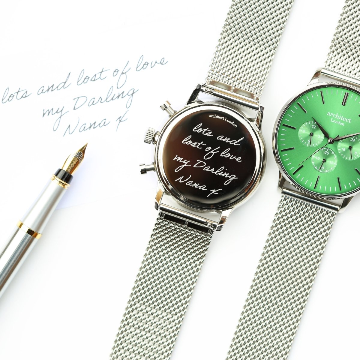 Handwriting Engraving - Men's Architect Motivator Green Face Silver Strap