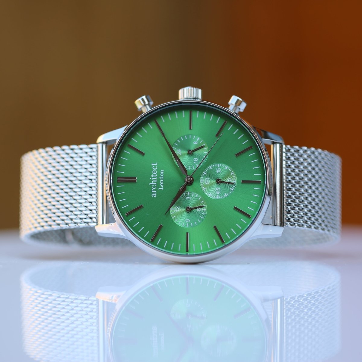 Handwriting Engraving - Men's Architect Motivator Green Face Silver Strap