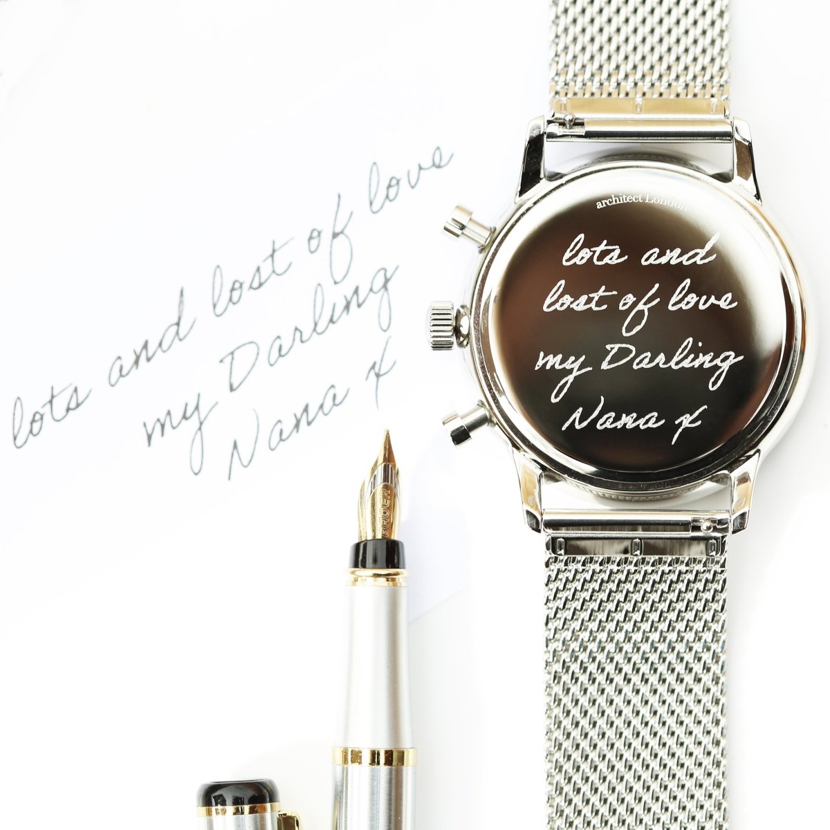 Handwriting Engraving - Men's Architect Motivator Green Face Silver Strap