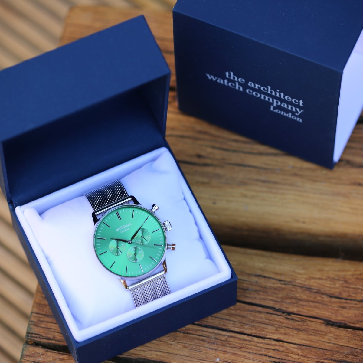 Handwriting Engraving - Men's Architect Motivator Green Face Silver Strap