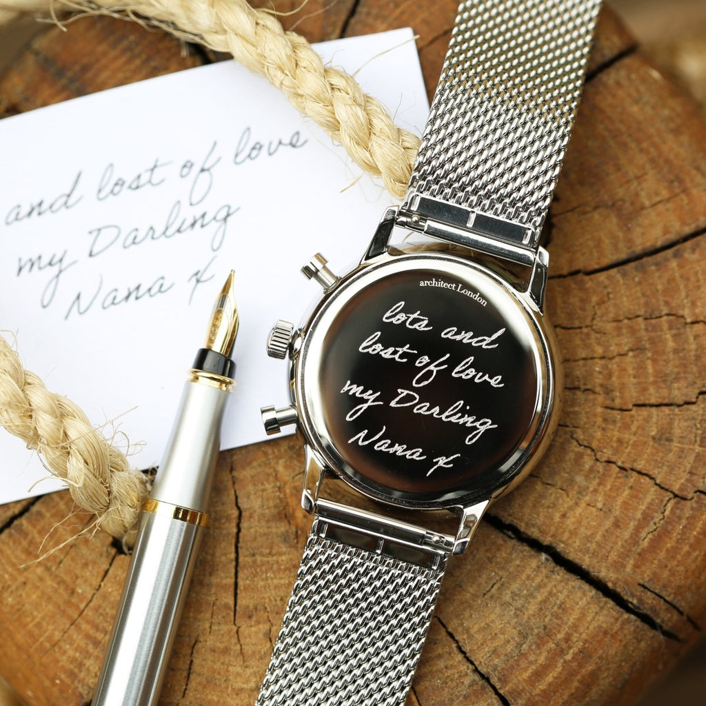 Handwriting Engraving - Men's Architect Motivator Green Face Silver Strap
