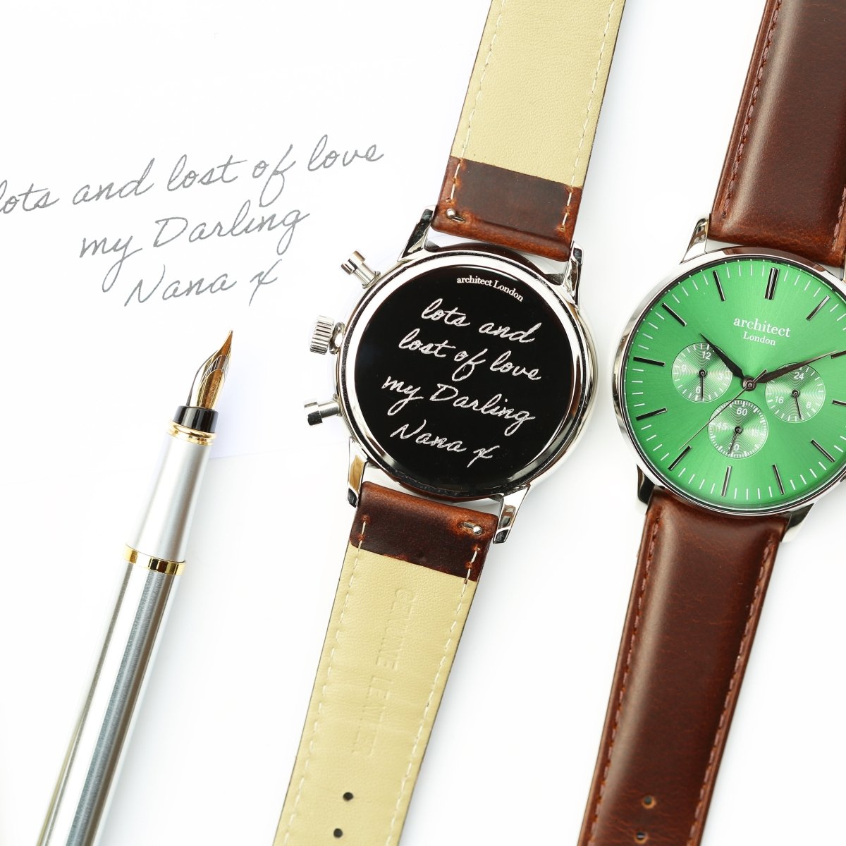 Handwriting Engraving - Men's Architect Motivator Green Face Walnut Strap