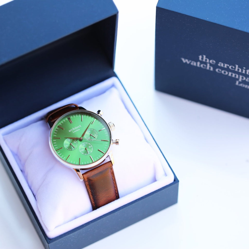 Handwriting Engraving - Men's Architect Motivator Green Face Walnut Strap