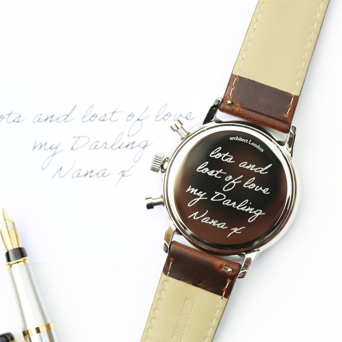 Handwriting Engraving - Men's Architect Motivator Green Face Walnut Strap