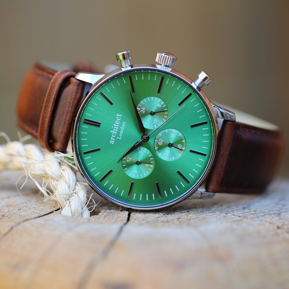 Handwriting Engraving - Men's Architect Motivator Green Face Walnut Strap