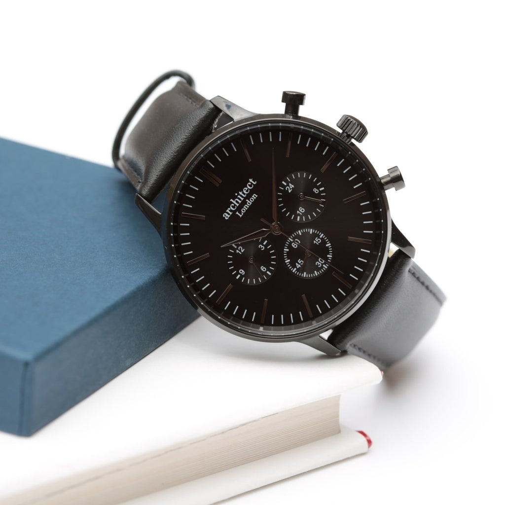 Handwriting Engraving - Men's Architect Motivator In Black With Black Leather Strap