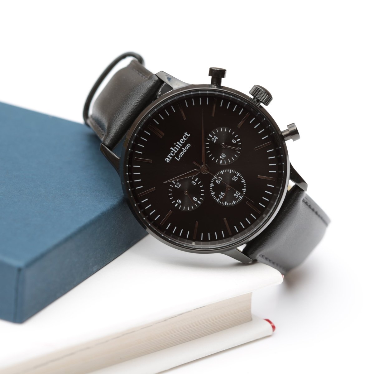 Handwriting Engraving - Men's Architect Motivator In Black With Black Leather Strap