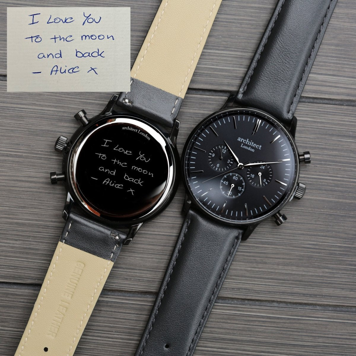 Handwriting Engraving - Men's Architect Motivator In Black With Black Leather Strap