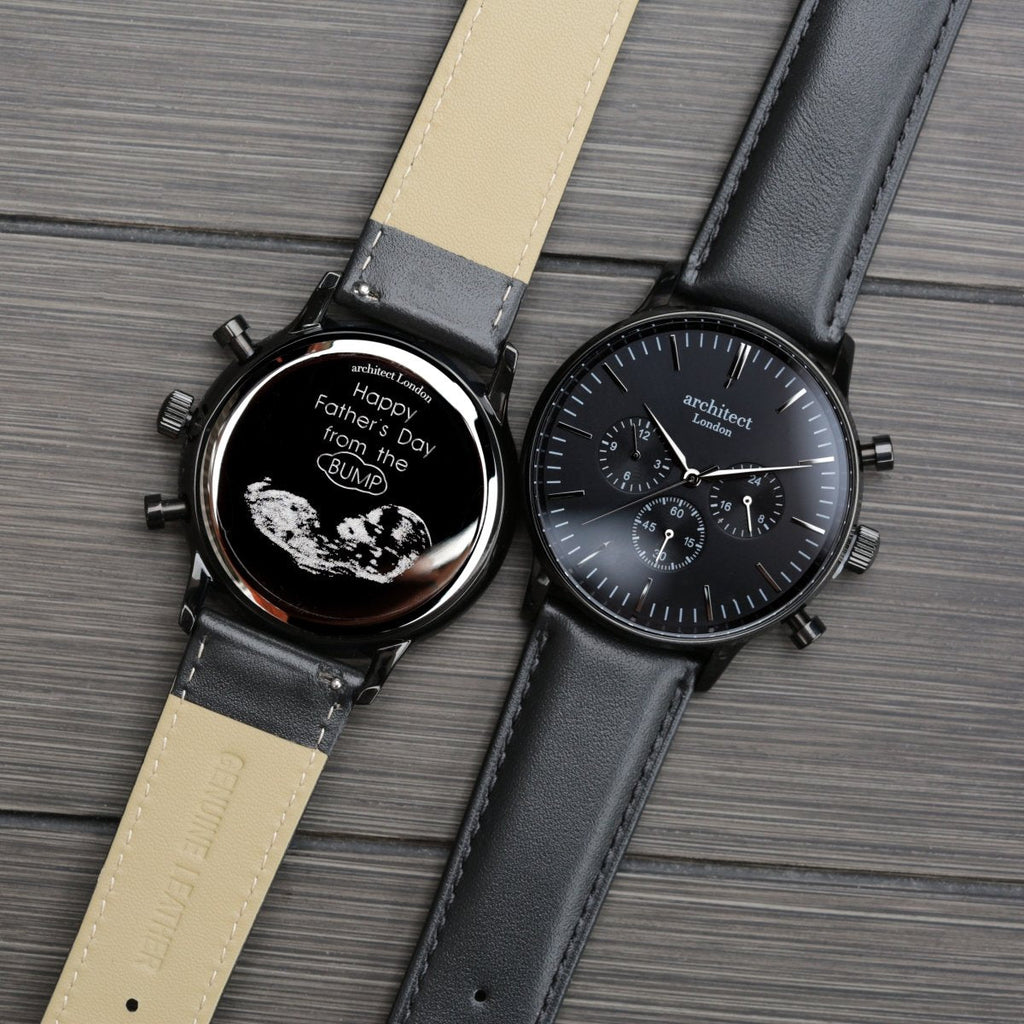 Handwriting Engraving - Men's Architect Motivator In Black With Black Leather Strap