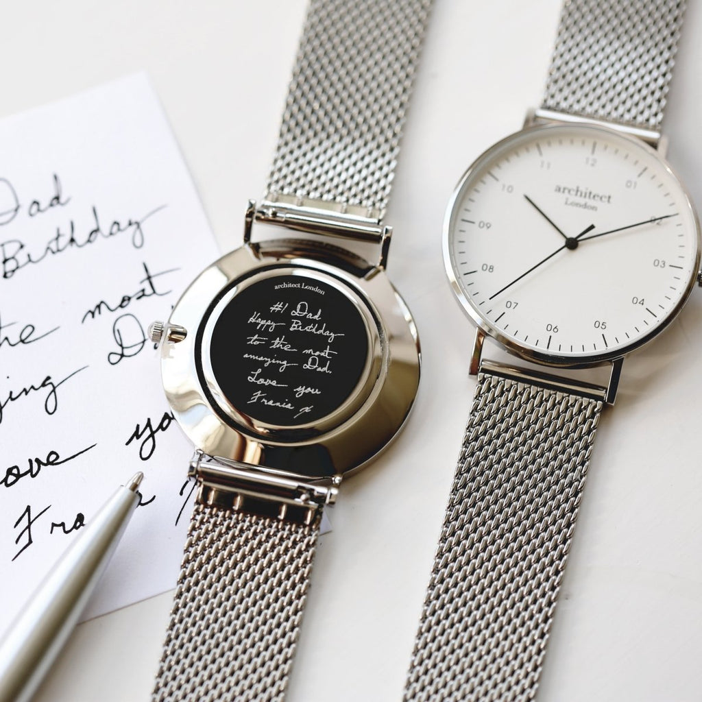 Handwriting Engraving - Men's Architect Zephyr, Steel Silver Mesh Strap