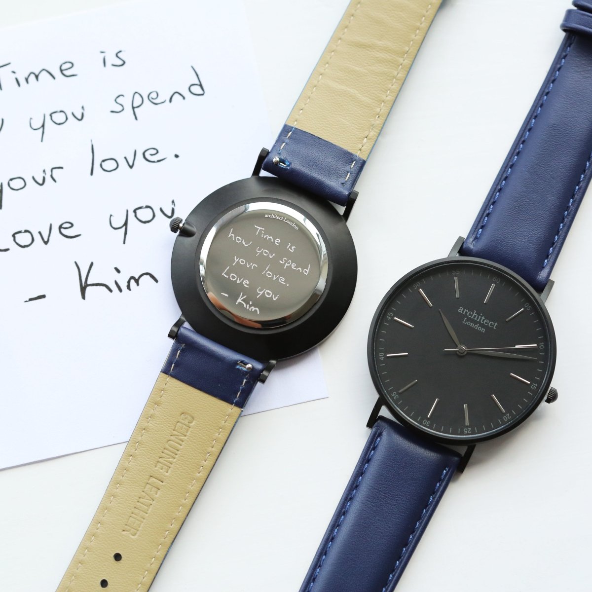 Handwriting Engraving - Men's Minimalist Watch, Admiral Blue Strap
