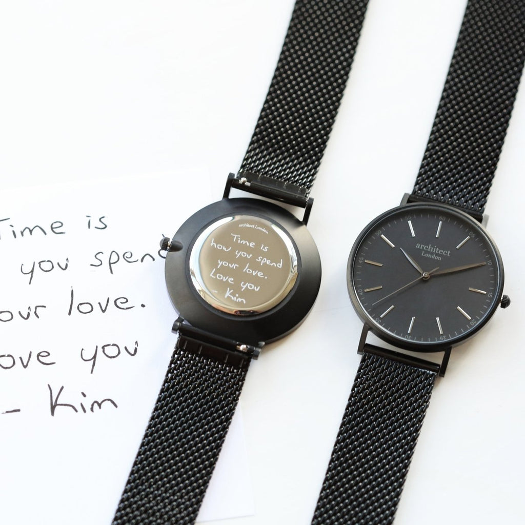 Handwriting Engraving - Men's Minimalist Watch, Pitch Black Mesh Strap