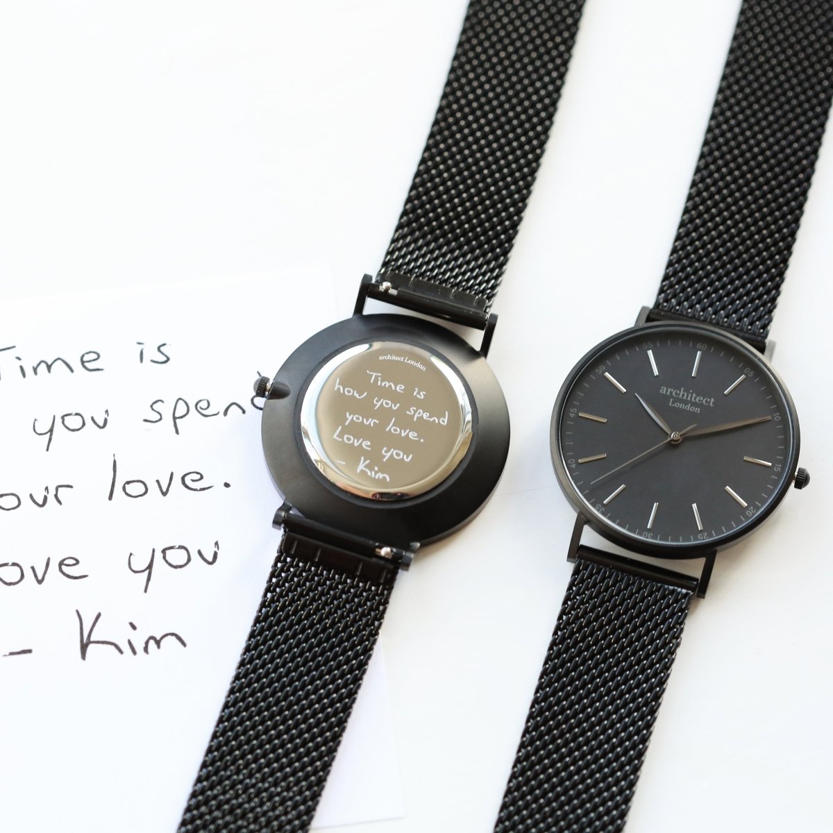 Handwriting Engraving - Men's Minimalist Watch, Pitch Black Mesh Strap