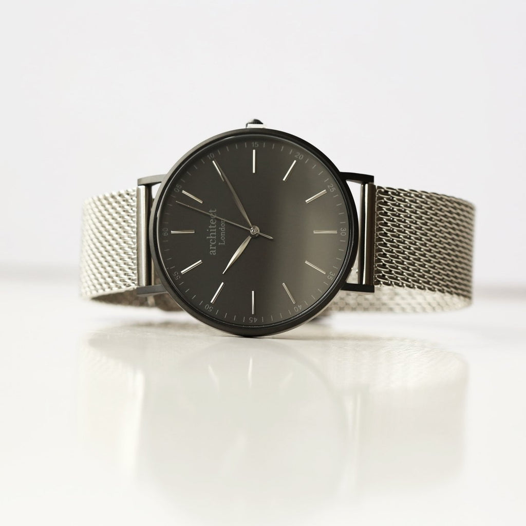 Handwriting Engraving - Men's Minimalist Watch, Steel Silver Mesh Strap