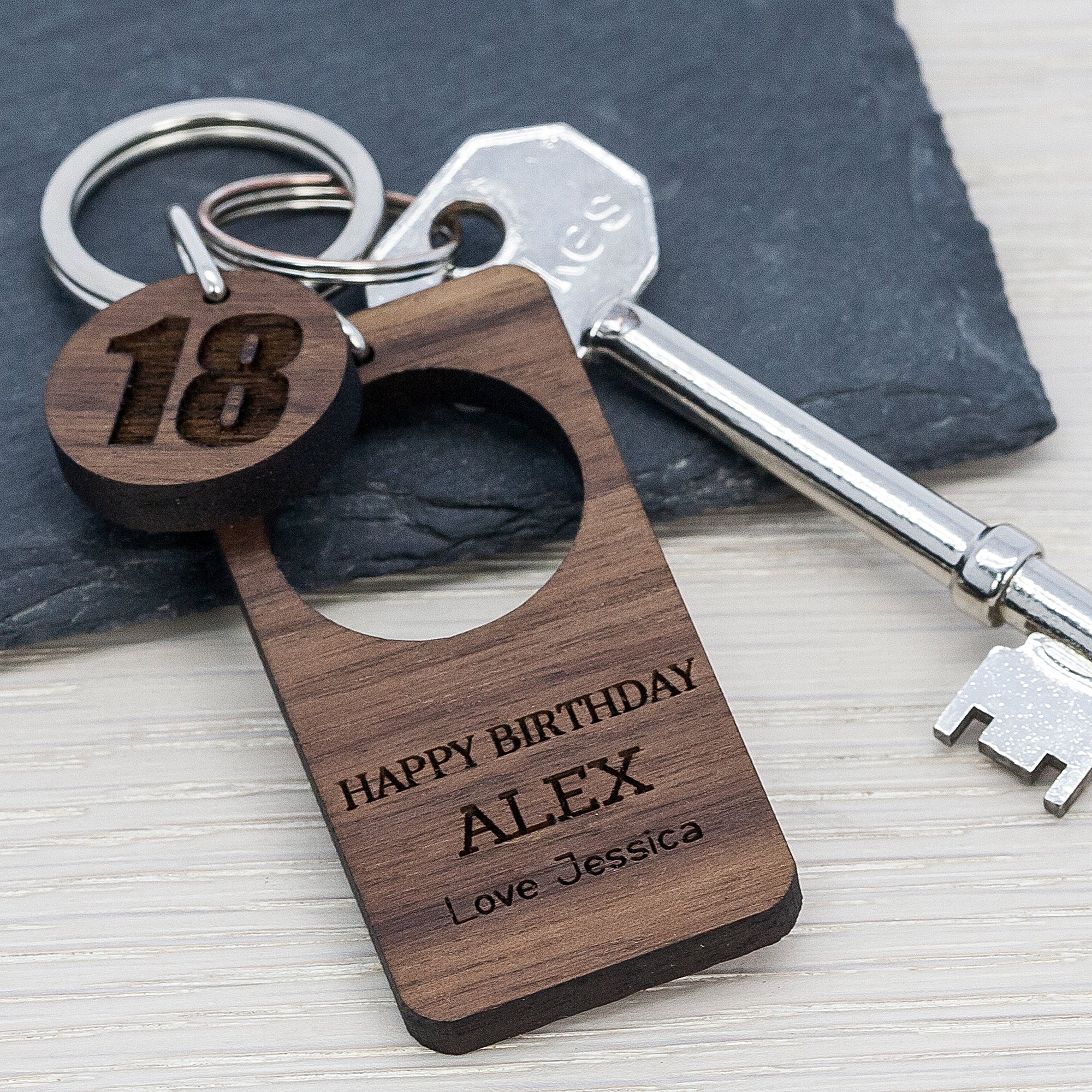 Personalised Happy Birthday Walnut Keyring