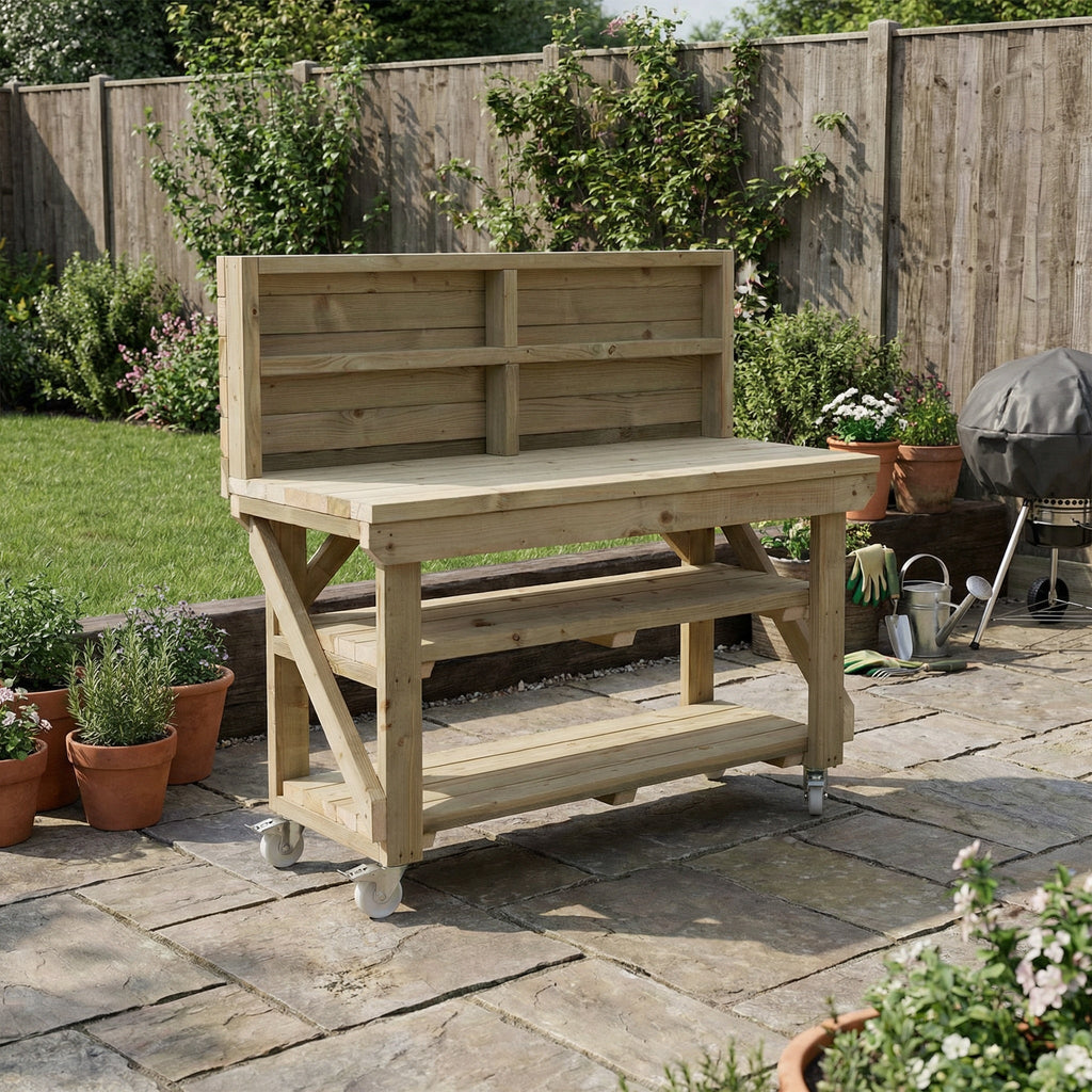 Indoor/outdoor workbench, pressure treated bench with back panel, double shelf and wheels