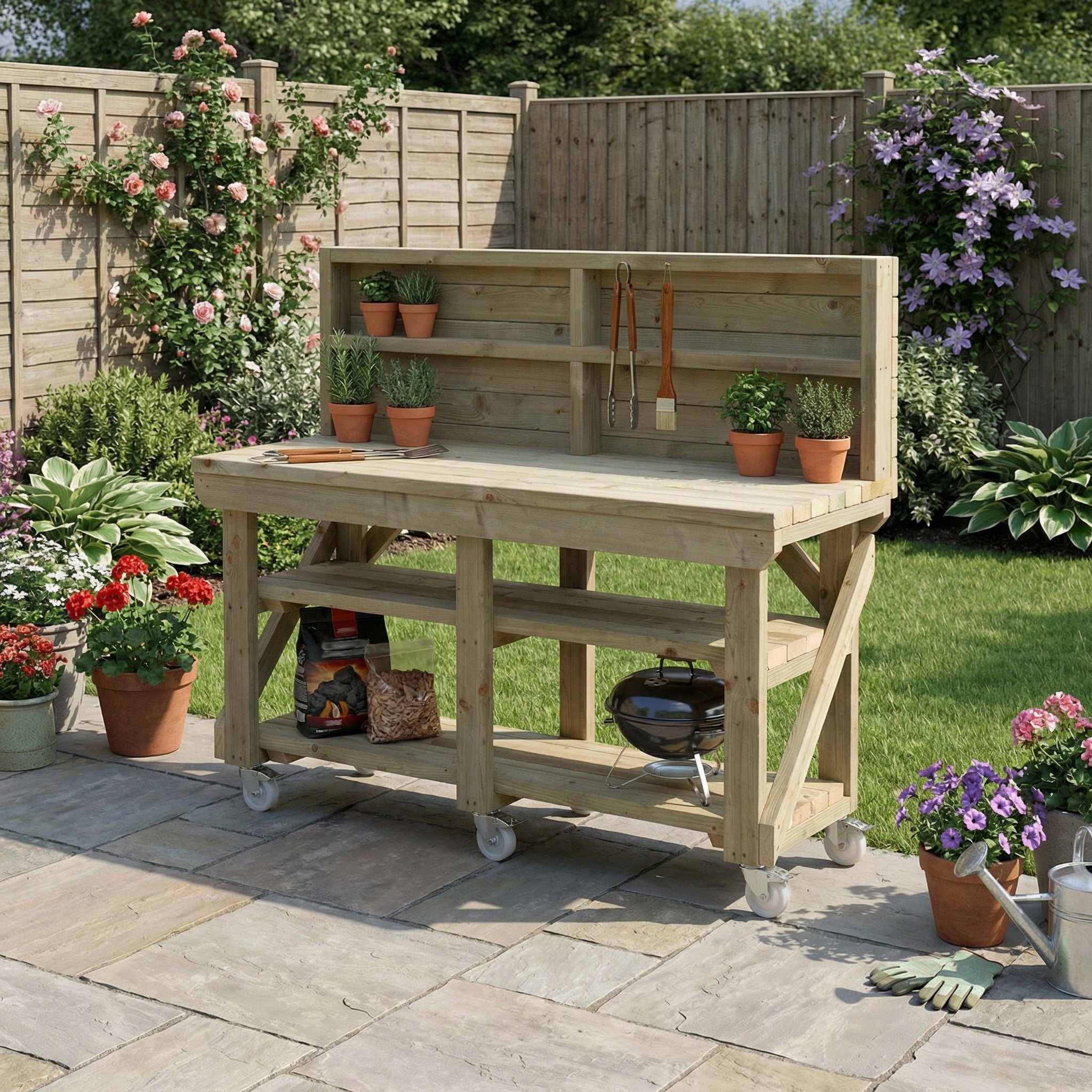 Indoor/outdoor workbench, pressure treated bench with back panel, double shelf and wheels