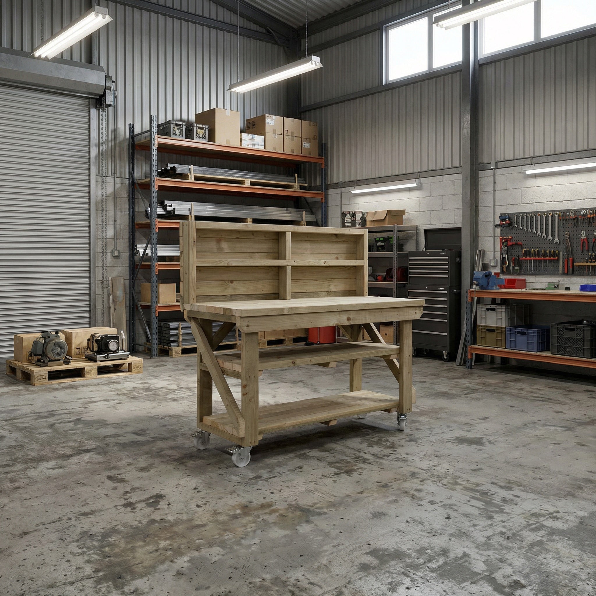 Indoor/outdoor workbench, pressure treated bench with back panel, double shelf and wheels