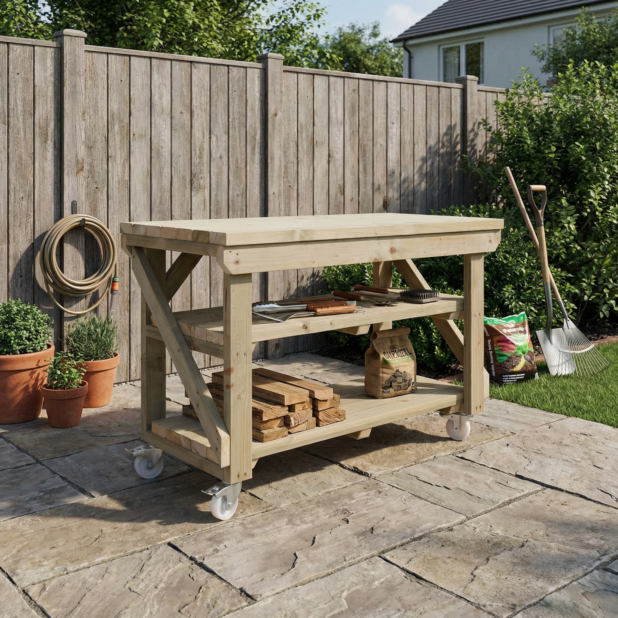 Indoor/outdoor workbench, pressure treated bench with double shelf and wheels