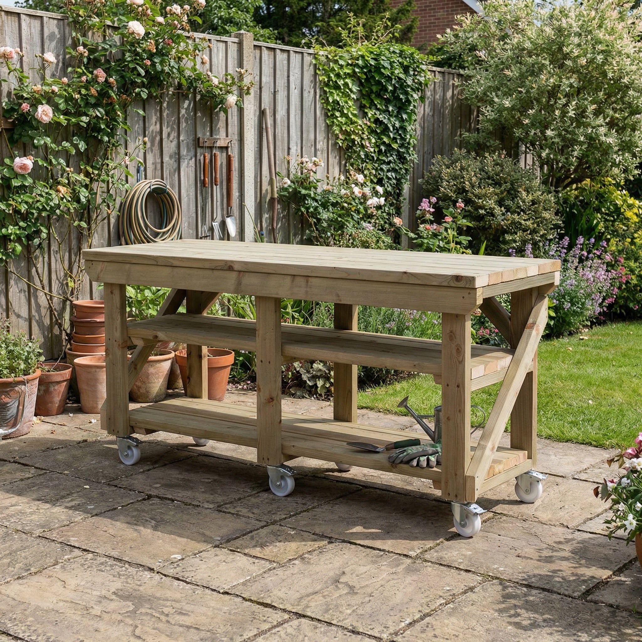 Indoor/outdoor workbench, pressure treated bench with double shelf and wheels