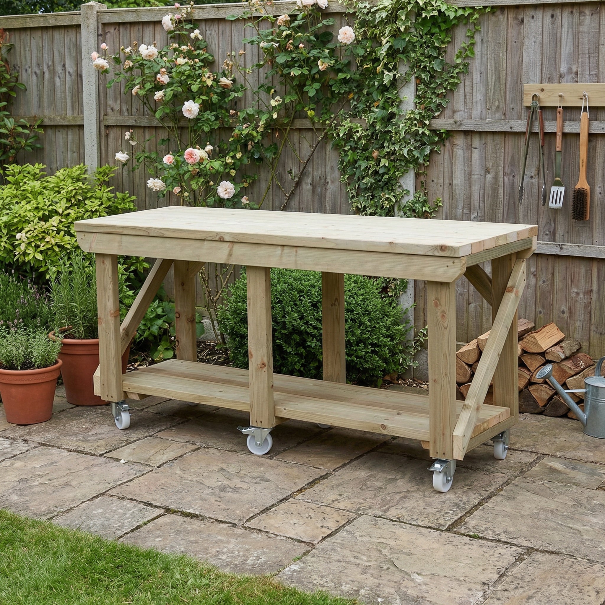 Indoor/outdoor workbench, pressure treated bench with wheels
