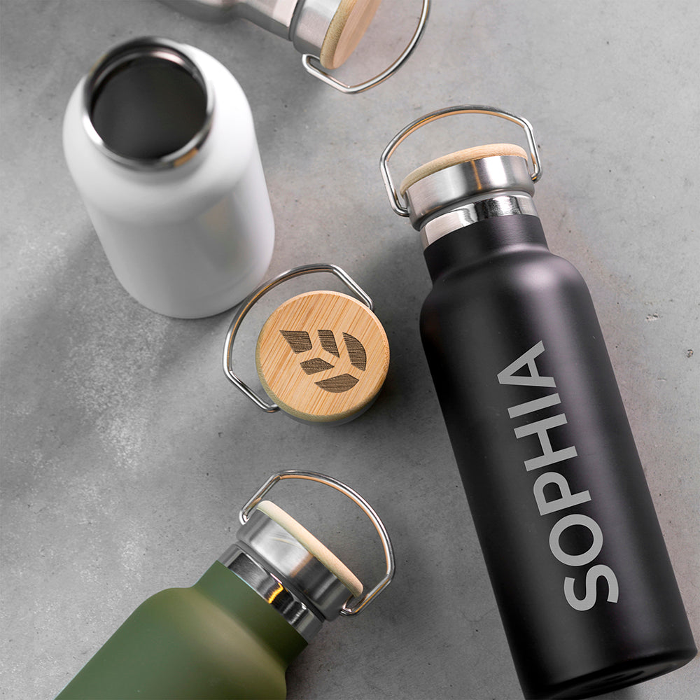 Personalised Insulated Bottle 17Oz Bamboo Lid - White - Side Personalisation