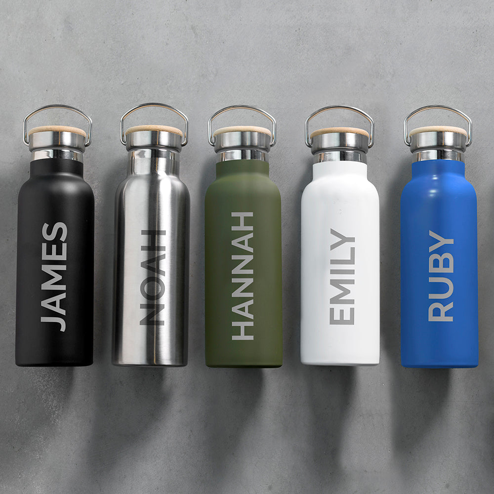 Personalised Insulated Bottle 17Oz Bamboo Lid - White - Side Personalisation