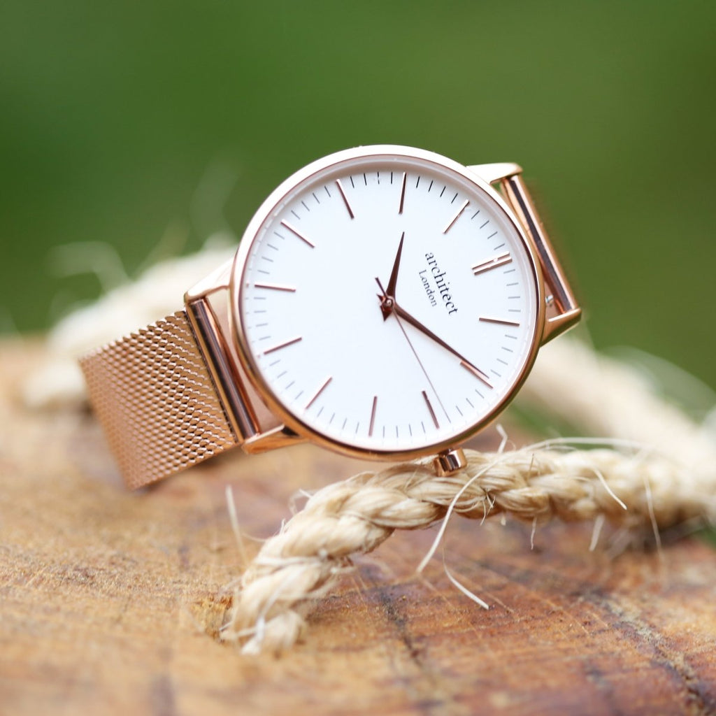Ladies Archiect Blanc - Handwriting Engraving, Rose Gold Mesh Strap