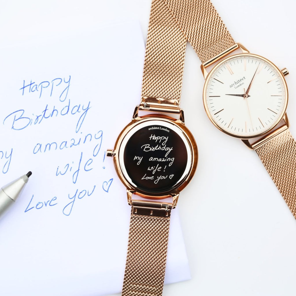 Ladies Archiect Blanc - Handwriting Engraving, Rose Gold Mesh Strap