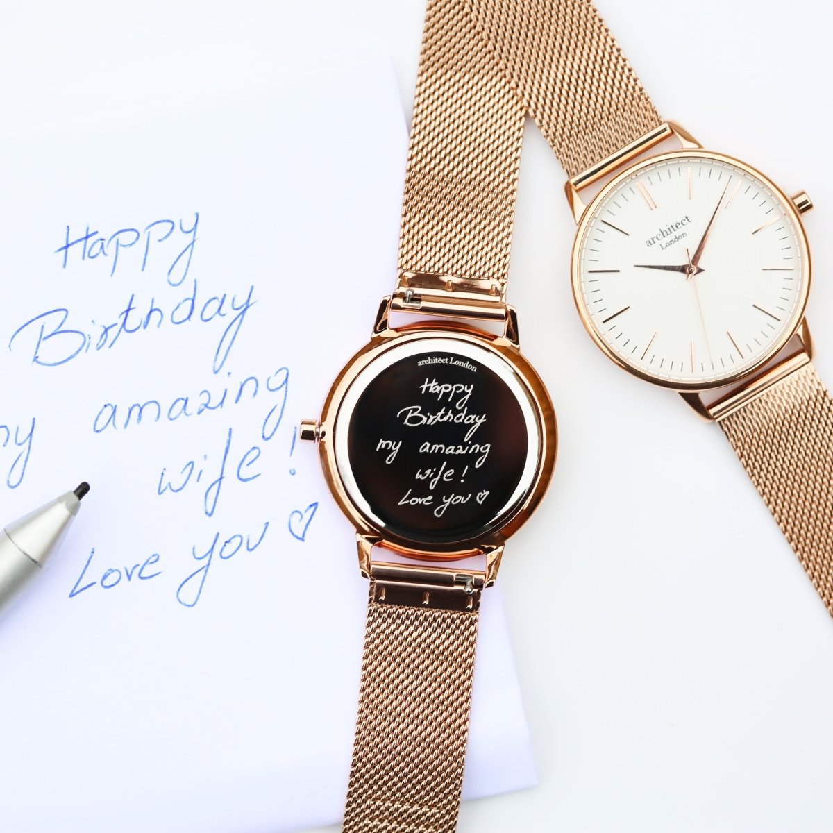 Ladies Archiect Blanc - Handwriting Engraving, Rose Gold Mesh Strap