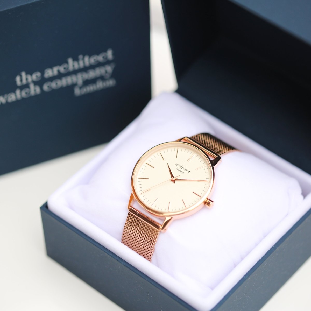 Ladies Archiect Blanc - Handwriting Engraving, Rose Gold Mesh Strap