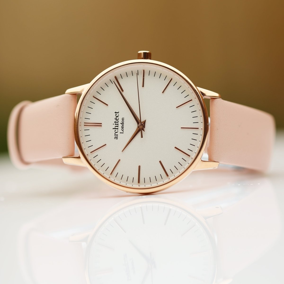Ladies Archiect Blanc - Modern Font Engraving, Light Pink Strap