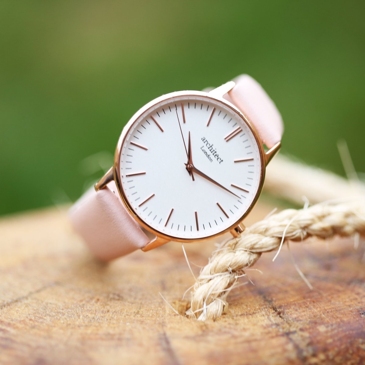 Ladies Archiect Blanc - Modern Font Engraving, Light Pink Strap
