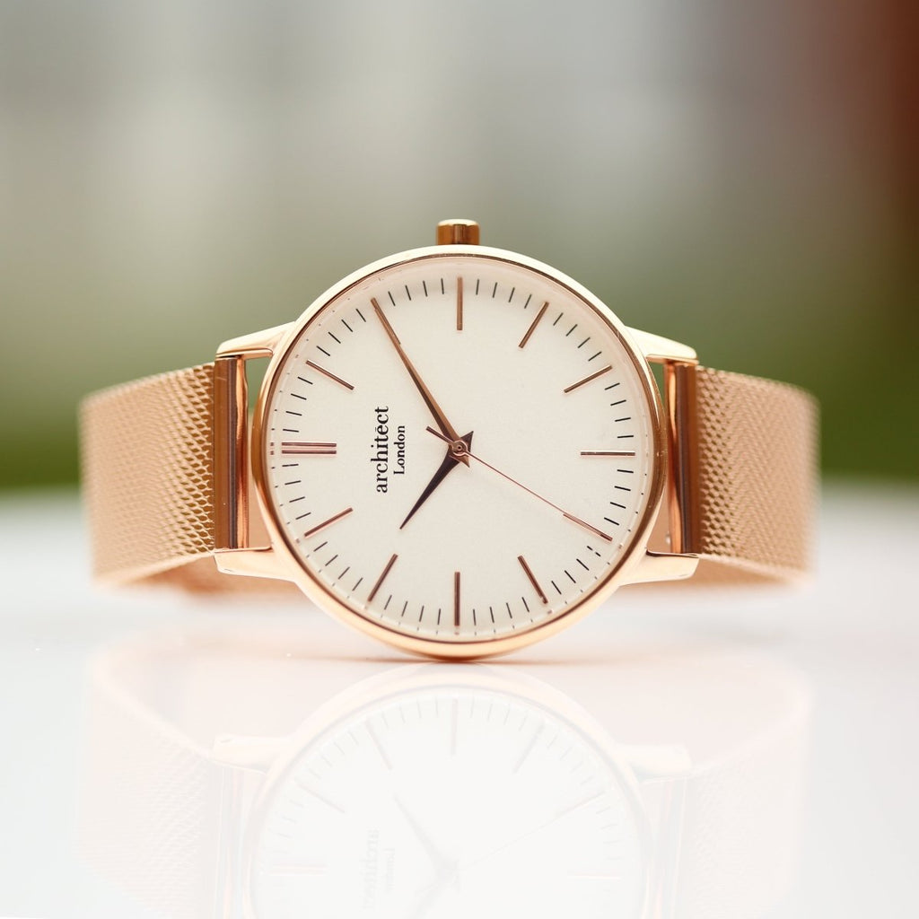 Ladies Archiect Blanc - Modern Font Engraving, Rose Gold Mesh Strap