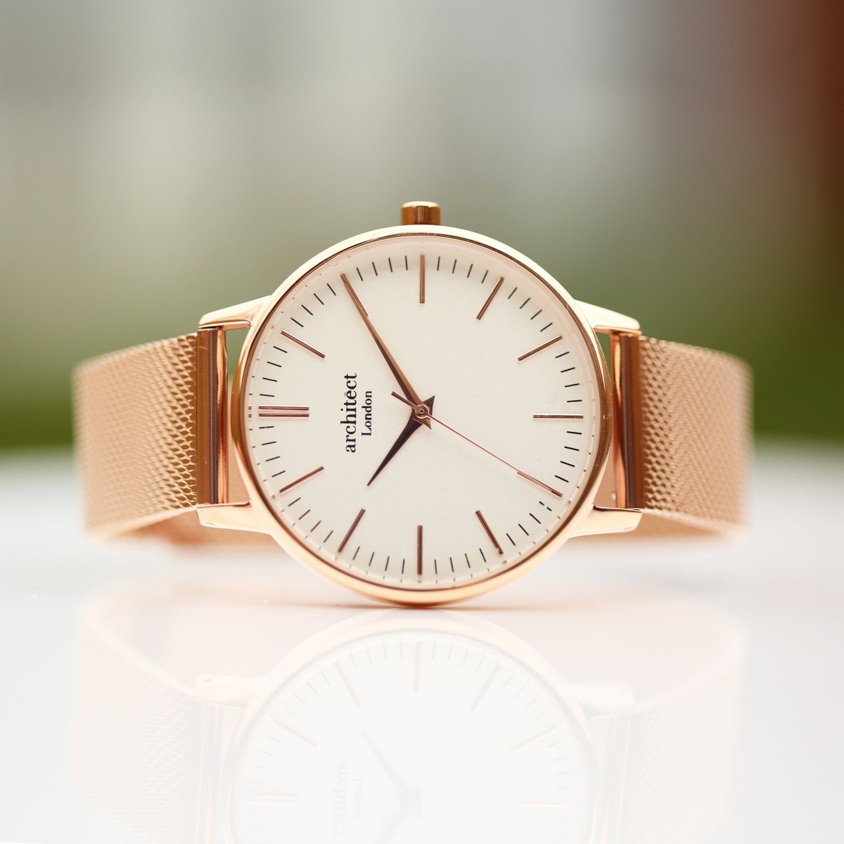 Ladies Archiect Blanc - Modern Font Engraving, Rose Gold Mesh Strap