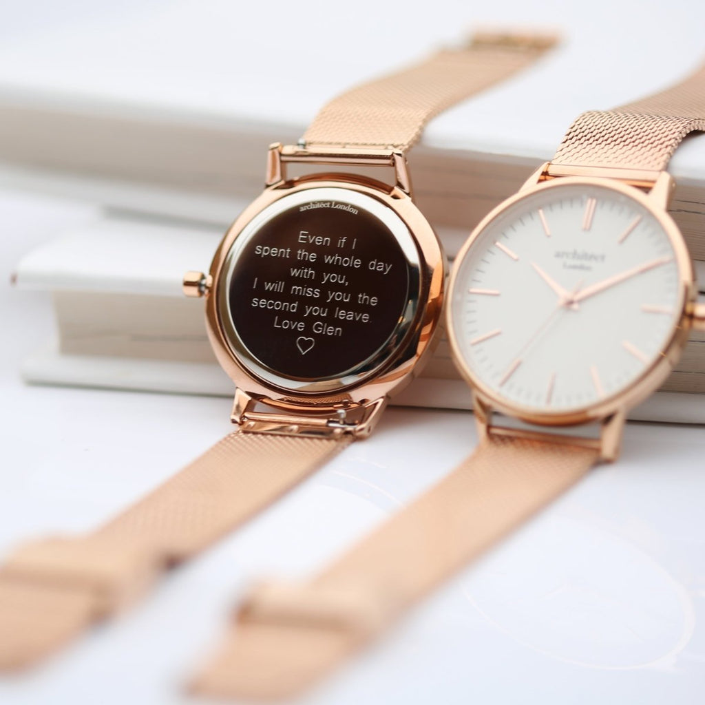 Ladies Archiect Blanc - Modern Font Engraving, Rose Gold Mesh Strap