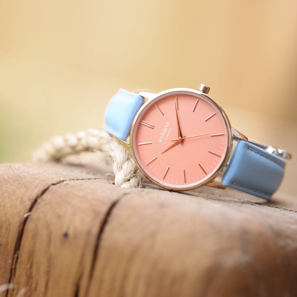 Ladies Archiect Coral - Handwriting Engraving, Light Blue Strap