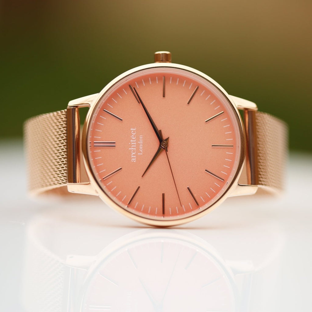 Ladies Archiect Coral - Handwriting Engraving, Rose Gold Mesh Strap